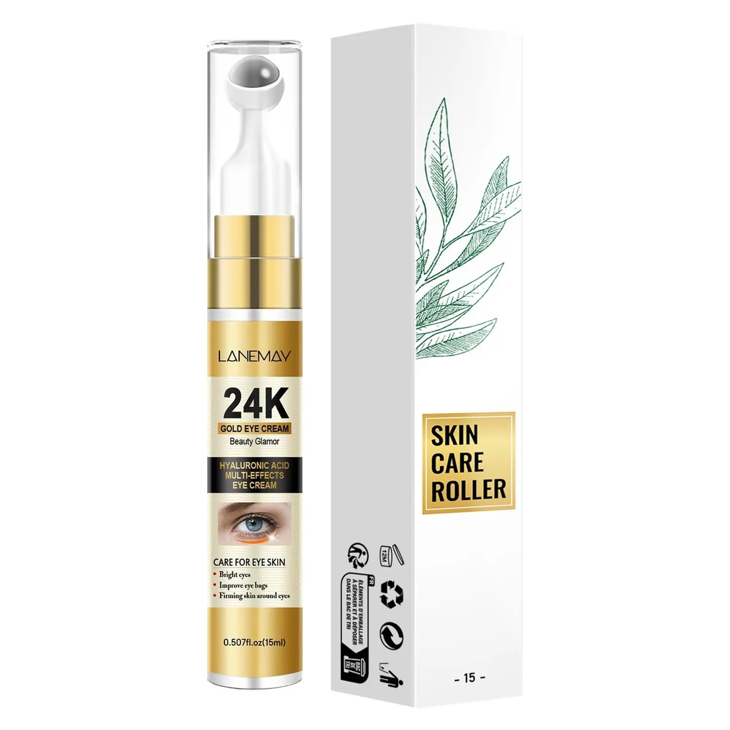 Crema contorno occhi Lanemay 24K Gold, crema idratante con estratto di oro per il contorno occhi, confezione elegante.
