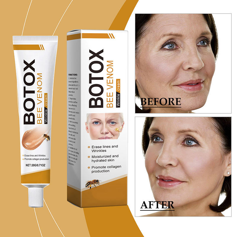 Crema viso anti-età Ouhoe Bee Venom Effetto Botox di MG store, confezione con crema in tubetto e applicatore.