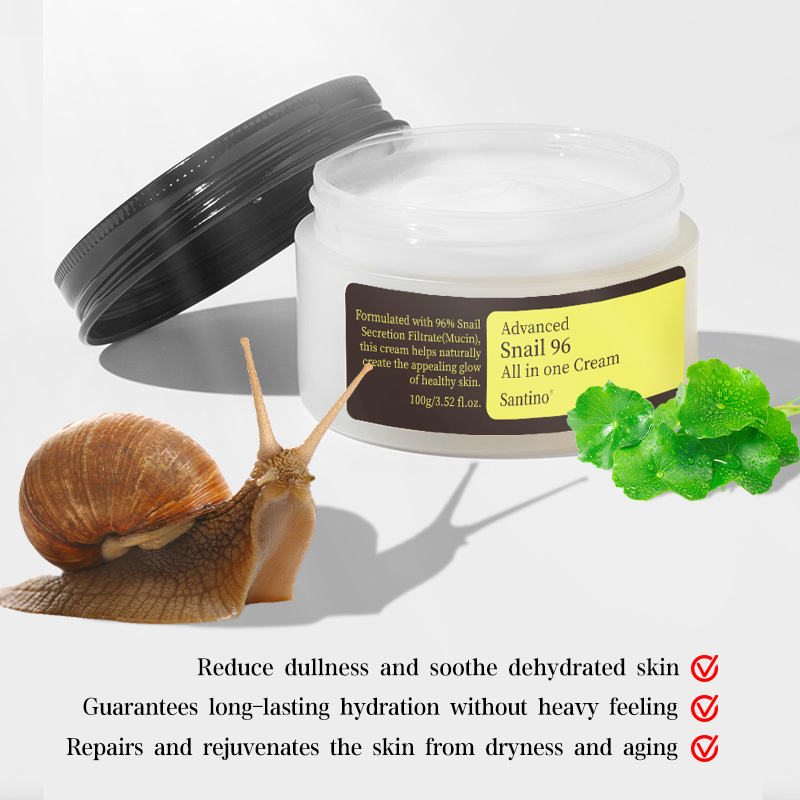 Crema viso Santino Advanced Snail 96 All in One di MG store, confezione elegante, indicata per cura della pelle viso.