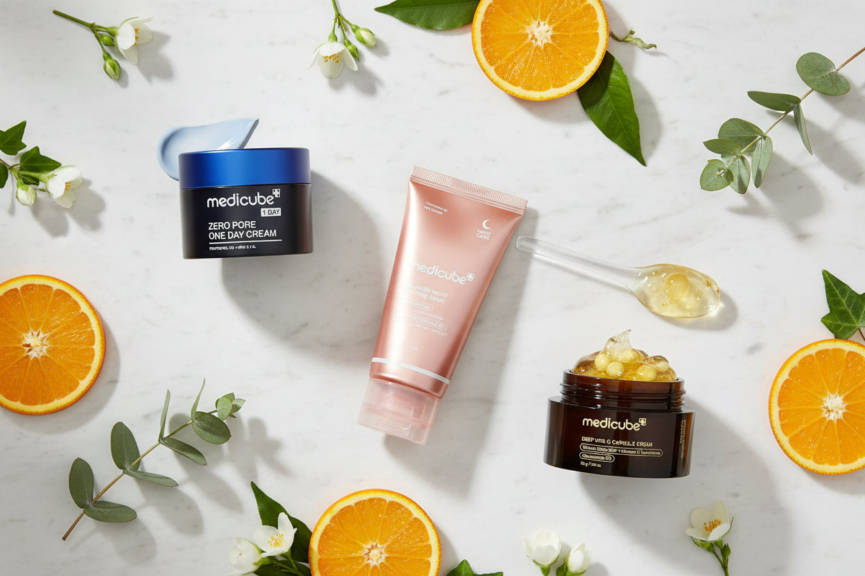 Set di prodotti skincare Medicube Complete Glow Routine con flaconi e sieri per una pelle luminosa e idratata