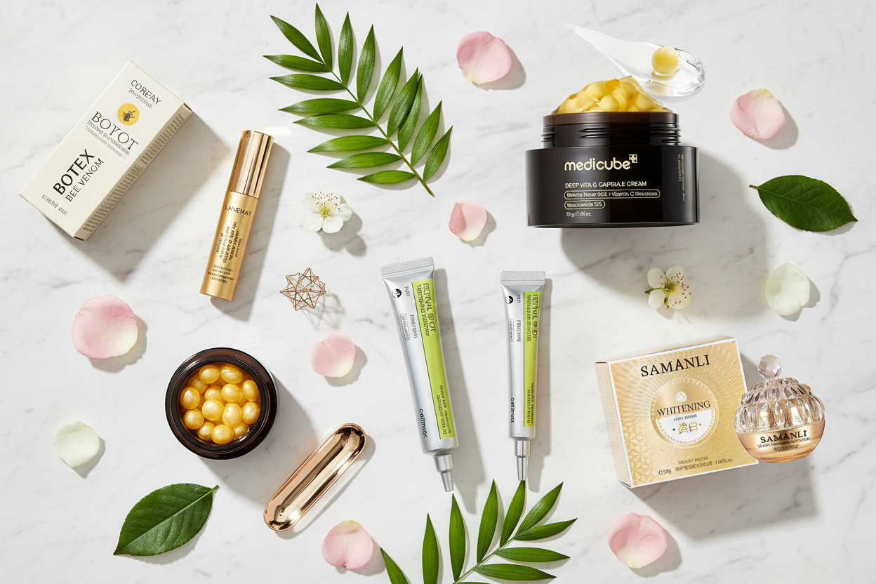 Kit di cura della pelle MG Glow Maxi, collezione coreana con prodotti visibili, ideale per una routine di skincare completa.